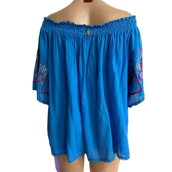 ANTHROPOLOGIE RUBY YAYA CROSS STITCH BLUE OFF THE SHOULDER TOP SZ M - Picture 4 of 5